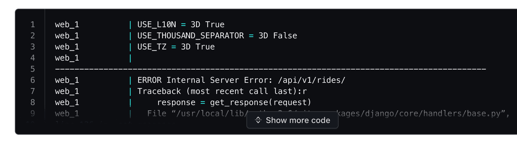 Collapsed Code Block showing limited lines and a 'Show more code' button at the bottom.