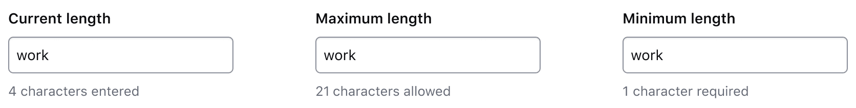 A workspace name input with the text "work" entered. If the character count is showing current length, it reads "4 characters entered". If maximum length, it reads "21 characters remaining". If minimum length, it reads "1 character remaining".